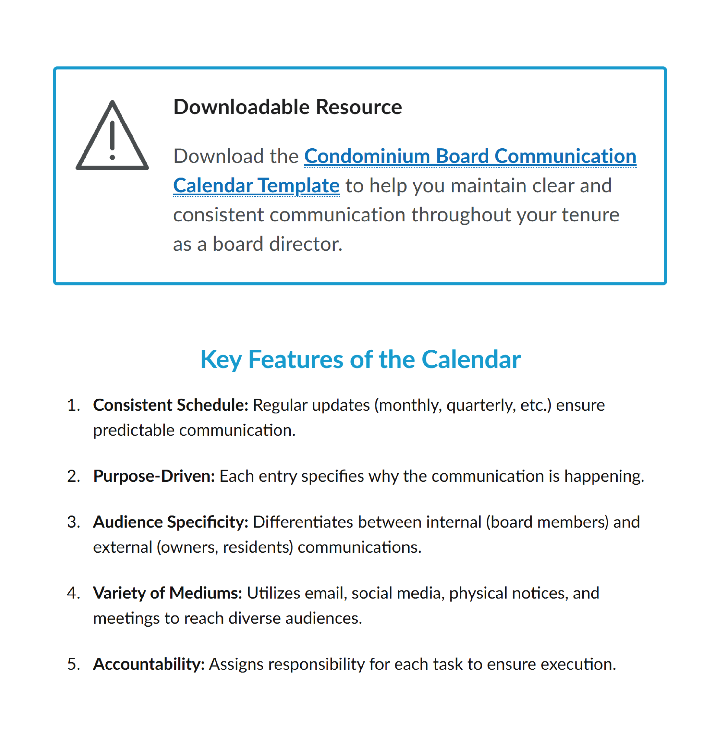A downloadable resource titled Condominium Board Communication Calendar Template. Under the downloadable resource is a list of key features of the calendar.