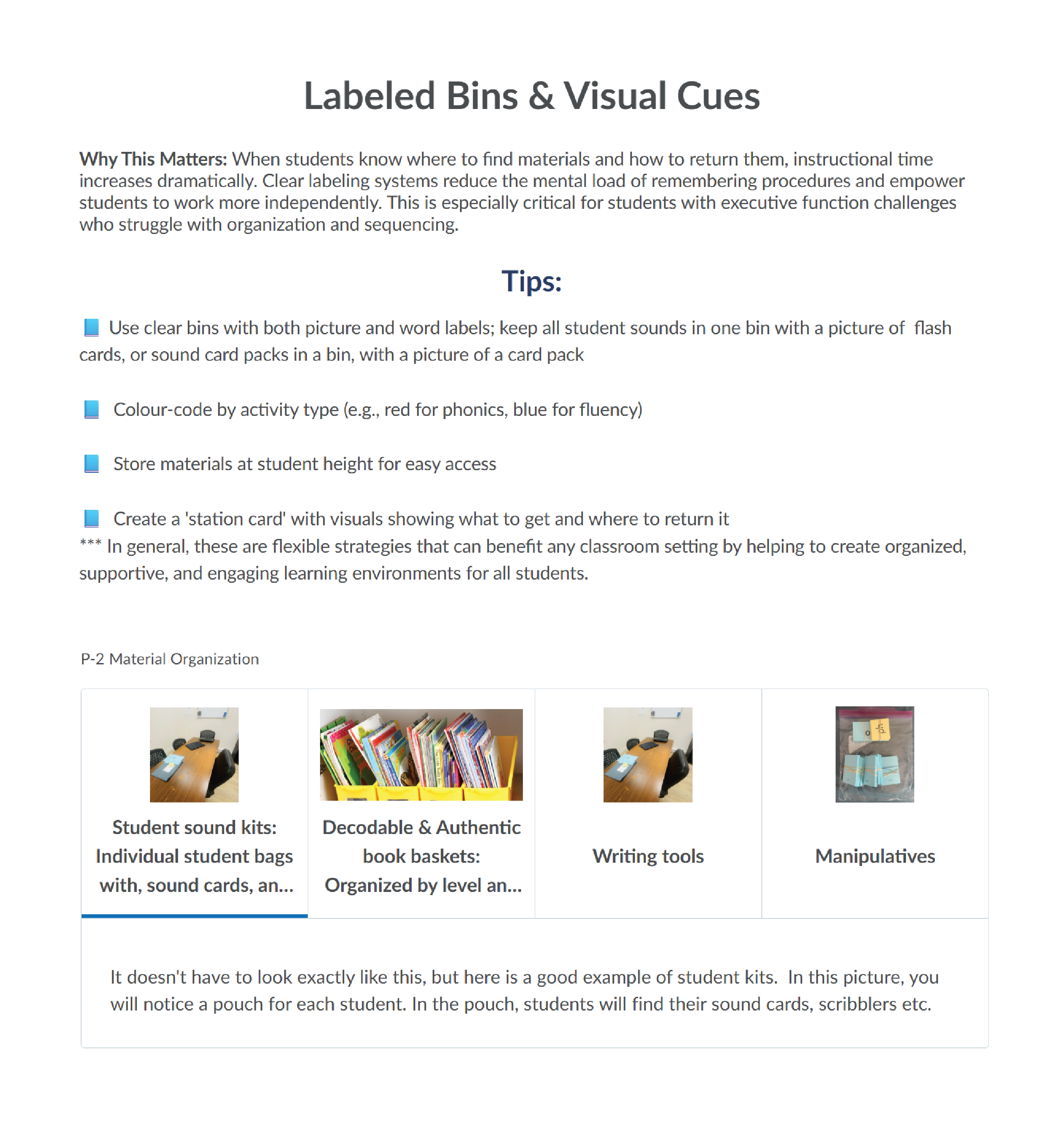 Course page detailing labeled bins and visual cues