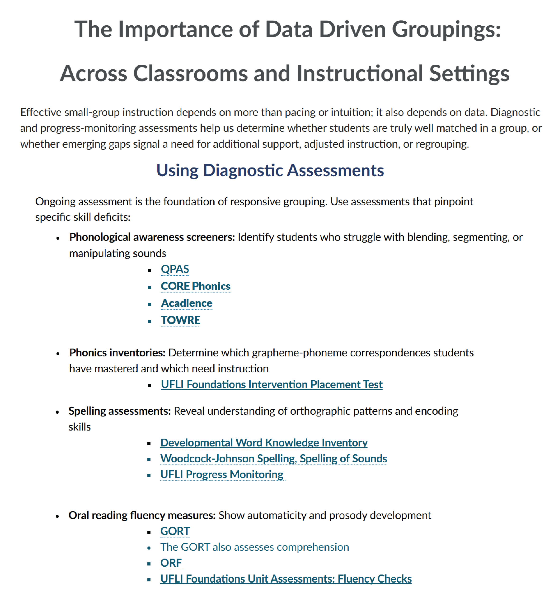 Course page titled "The Importance of Data Driven Groupings" with introductory text and a list of linked diagnostic assessments. 
