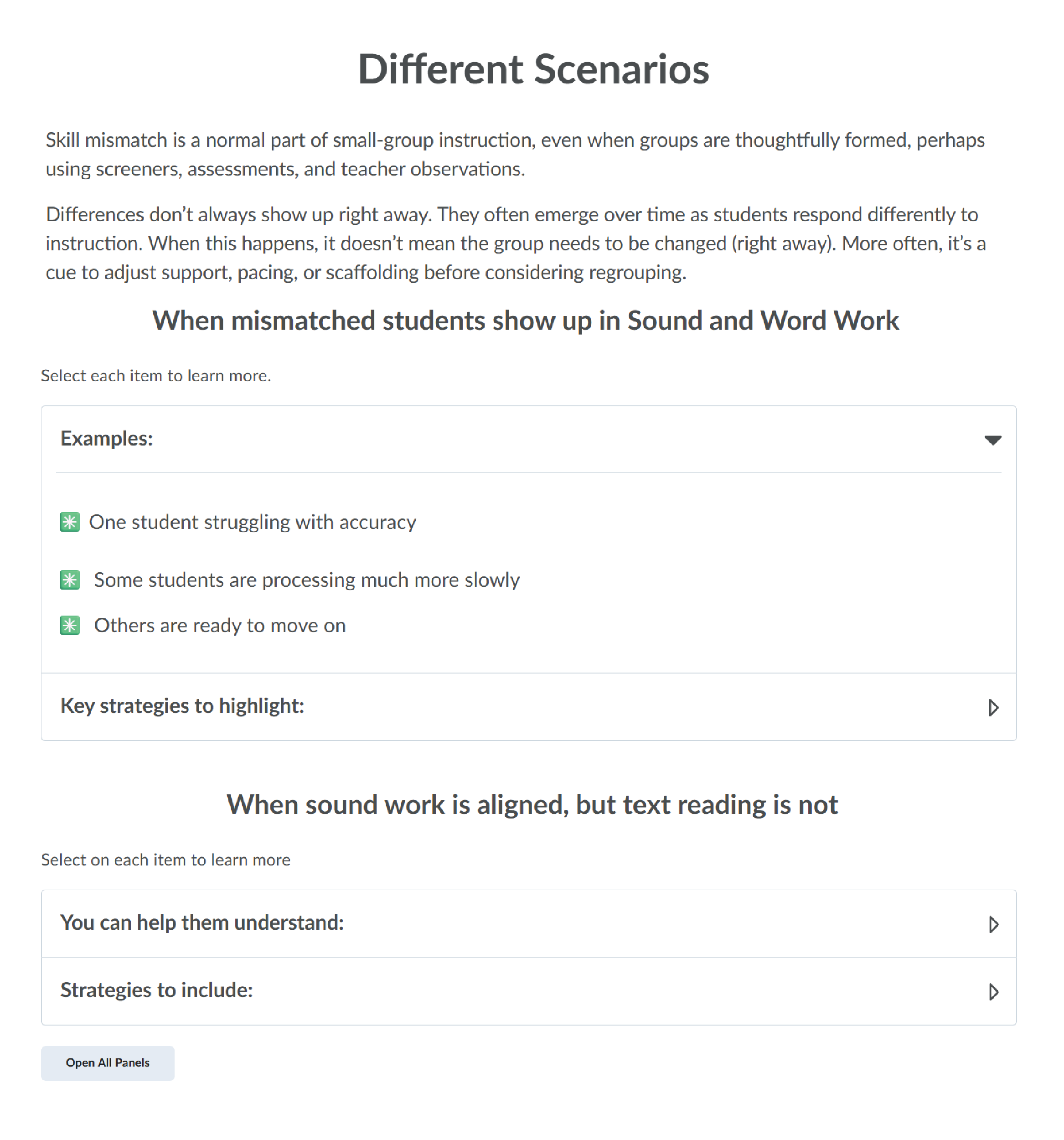 Course page titled "Different Scenarios" with examples of scenarios of how students respond to instruction. The examples are displayed in accordions. 