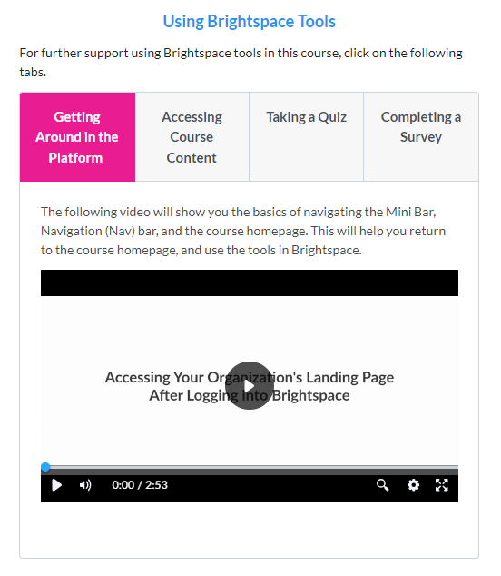 Screenshot of the Using Brightspace Tools page.