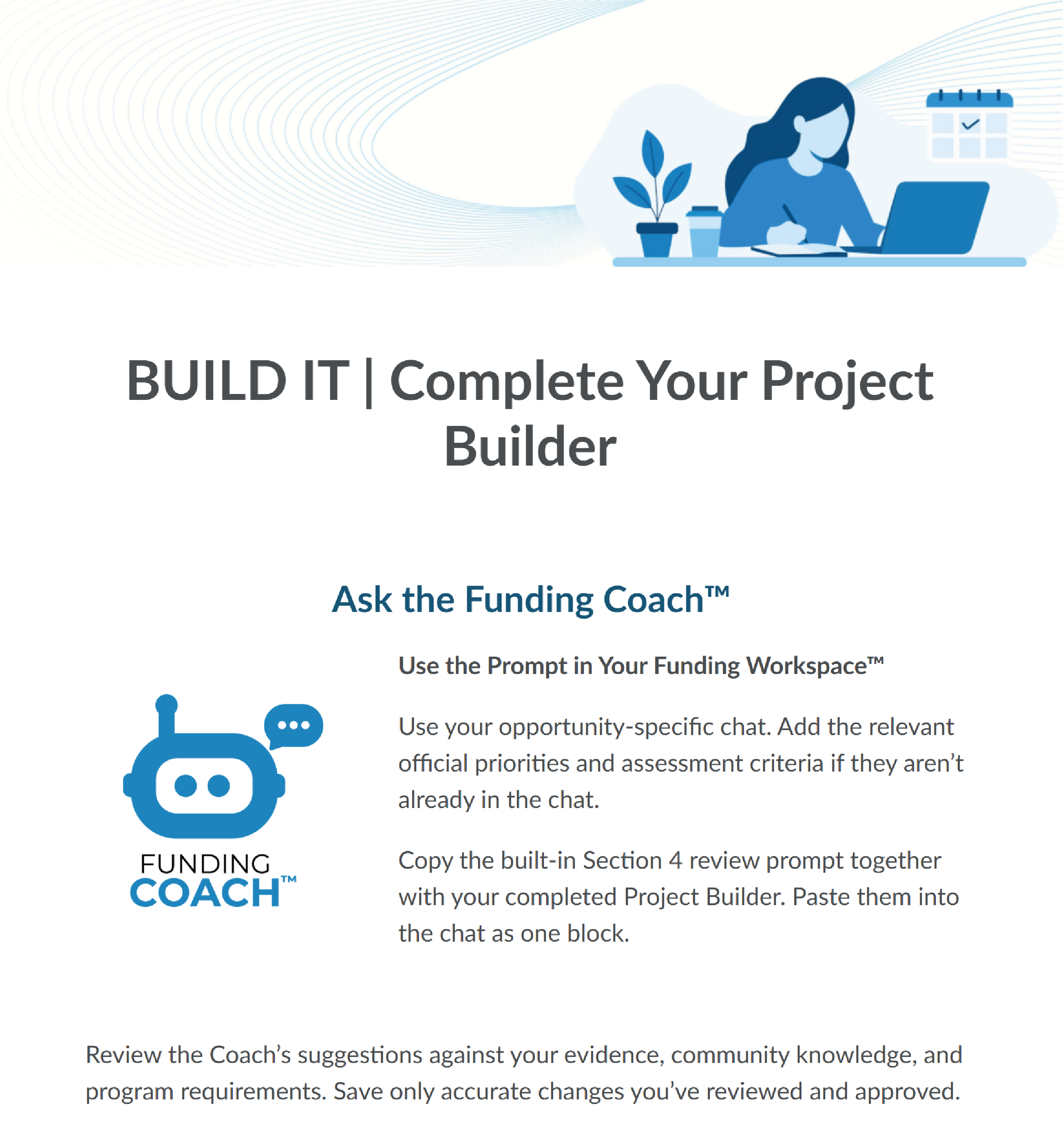 Course page titled "BUILT IT | Complete Your Project Builder" with text content under a subheading "Ask the Funding Coach". 
