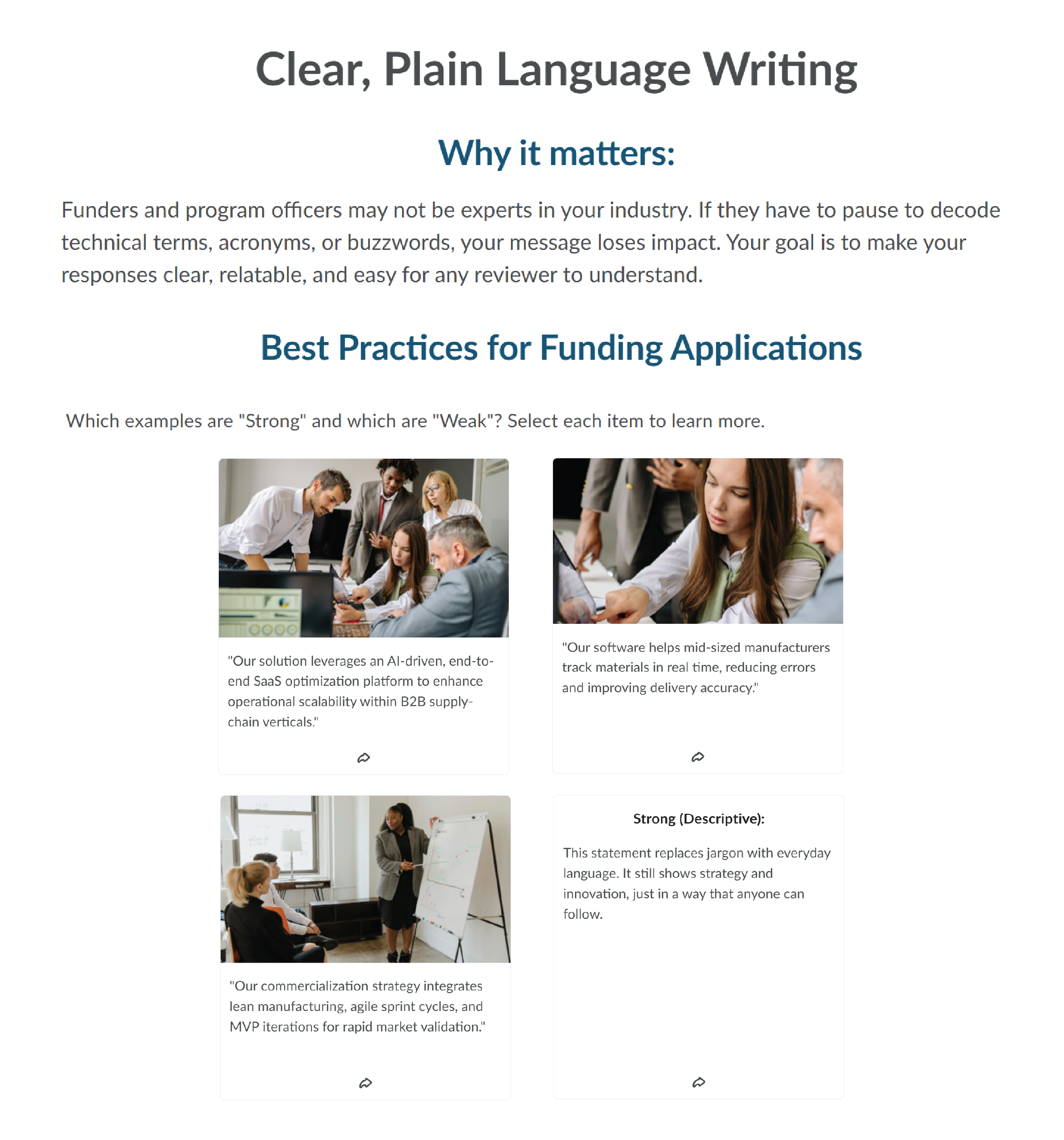 Screenshot of the Clear, Plain Language Writing course page showing flip cards that evaluate writing samples.