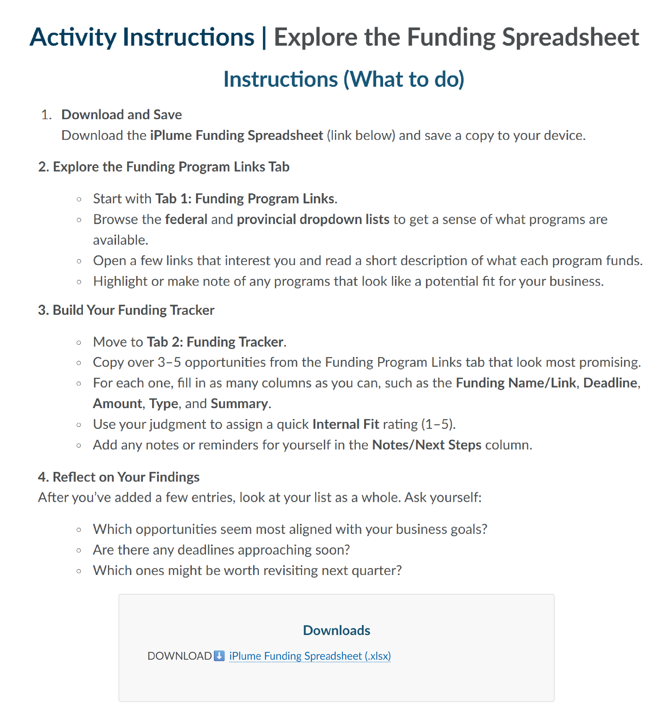 Screenshot of the activity instructions for the Explore the Funding Spreadsheet course page.