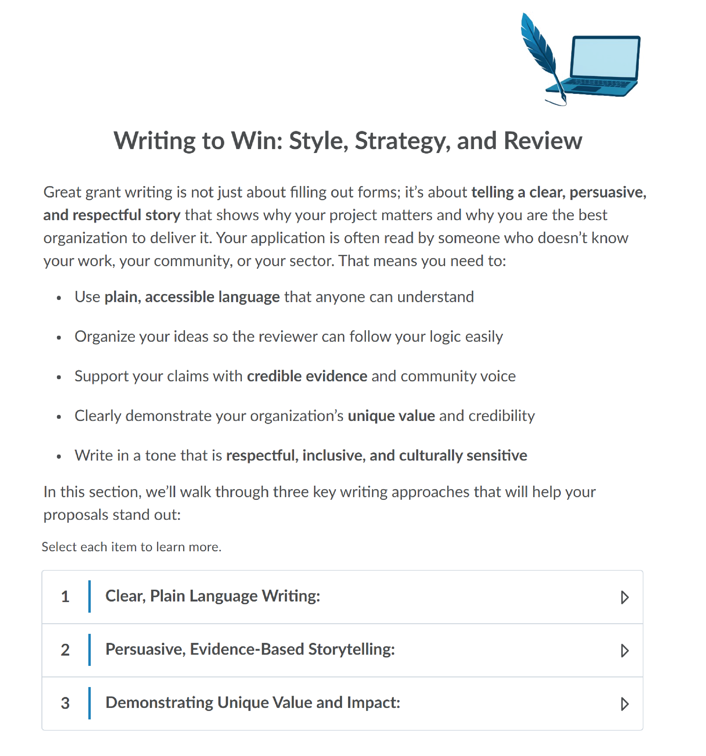 Screenshot of the Writing to Win course page