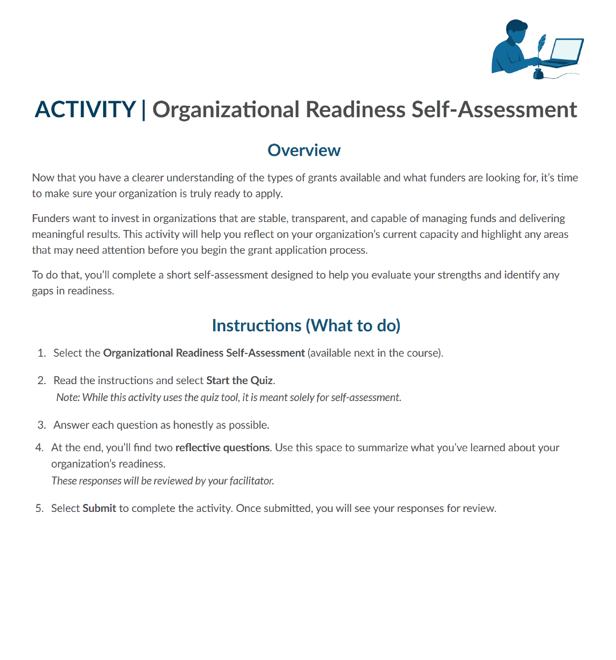 Screenshot of an activity course page detailing a self-assessment activity. 