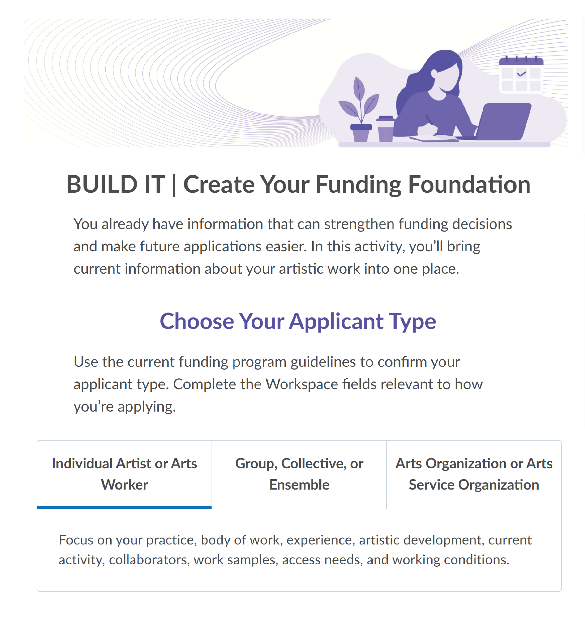 Course page titled "BUILT IT | Create Your Funding Foundation". A subheading "Choose Your Applicant Type" has content in three tabs: "Individual Artist or Arts Worker", "Group, Collective, or Ensemble", and "Arts Organization or Arts Service Organization" 