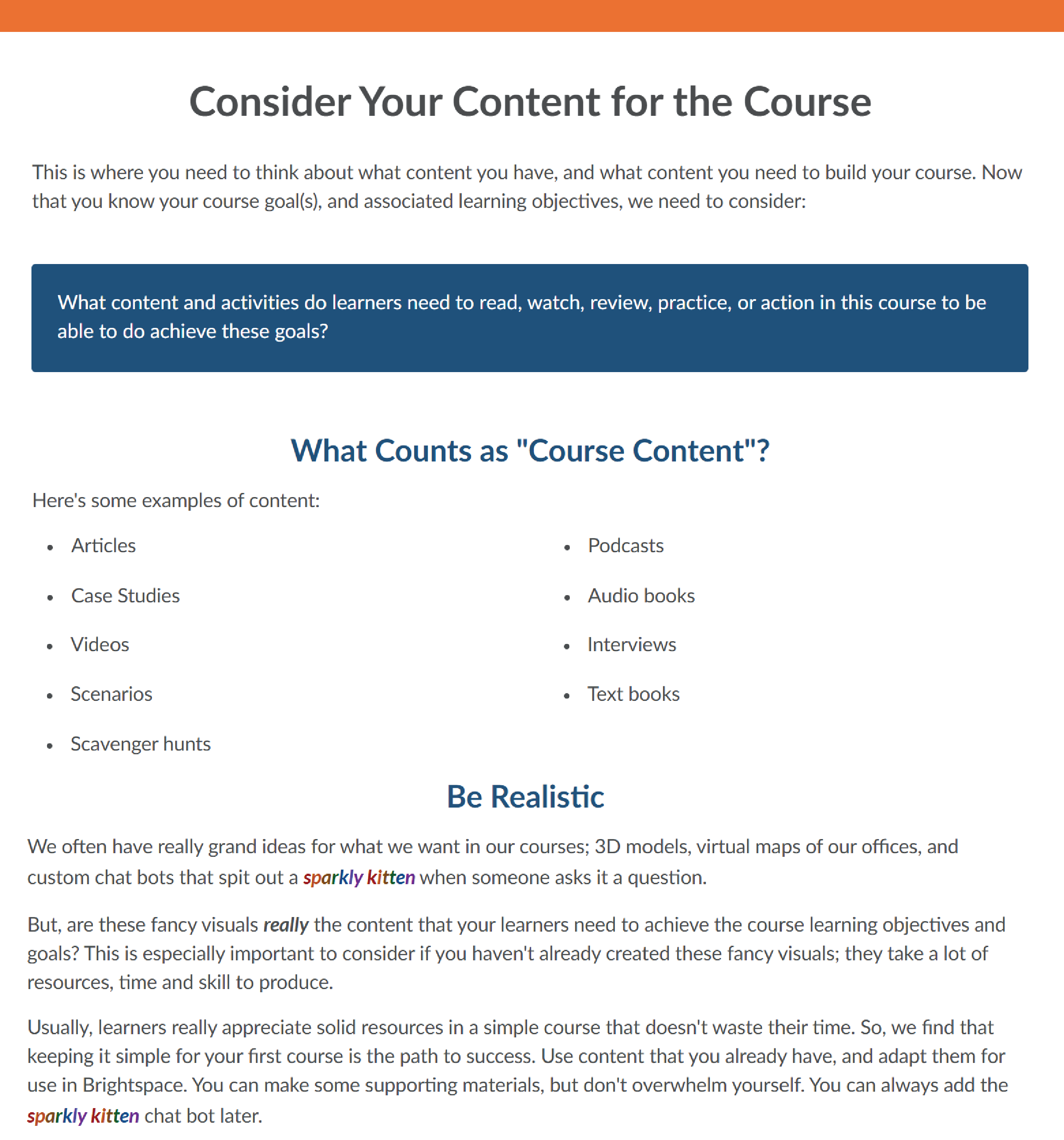 Course page titled "Consider Your Content for the Course" with a call out asking what content and activities learners need for the course and types of course content