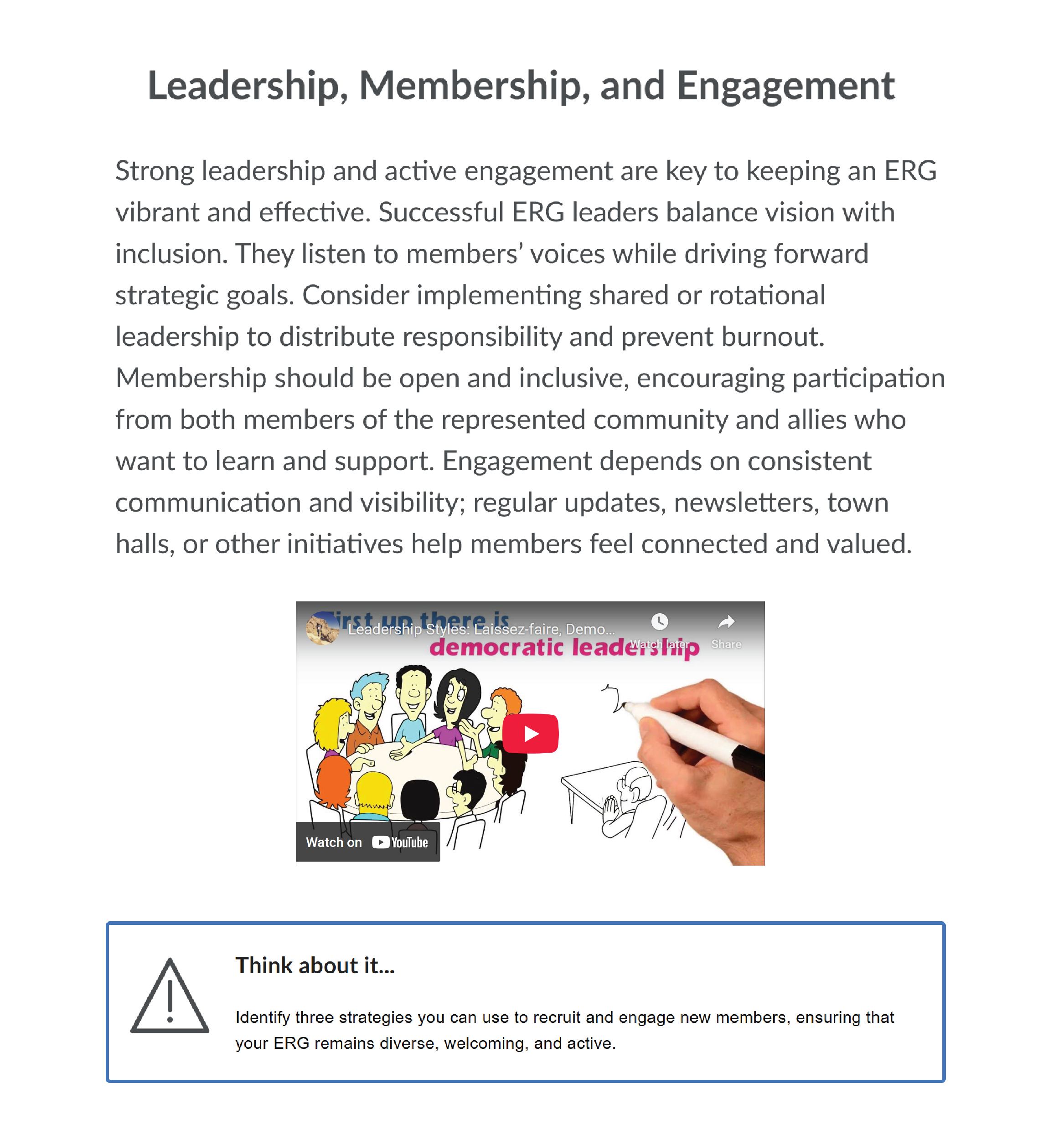 Page titled "Leadership, Membership, and Engagement" with a paragraph of text, a Youtube video, and a reflection question
