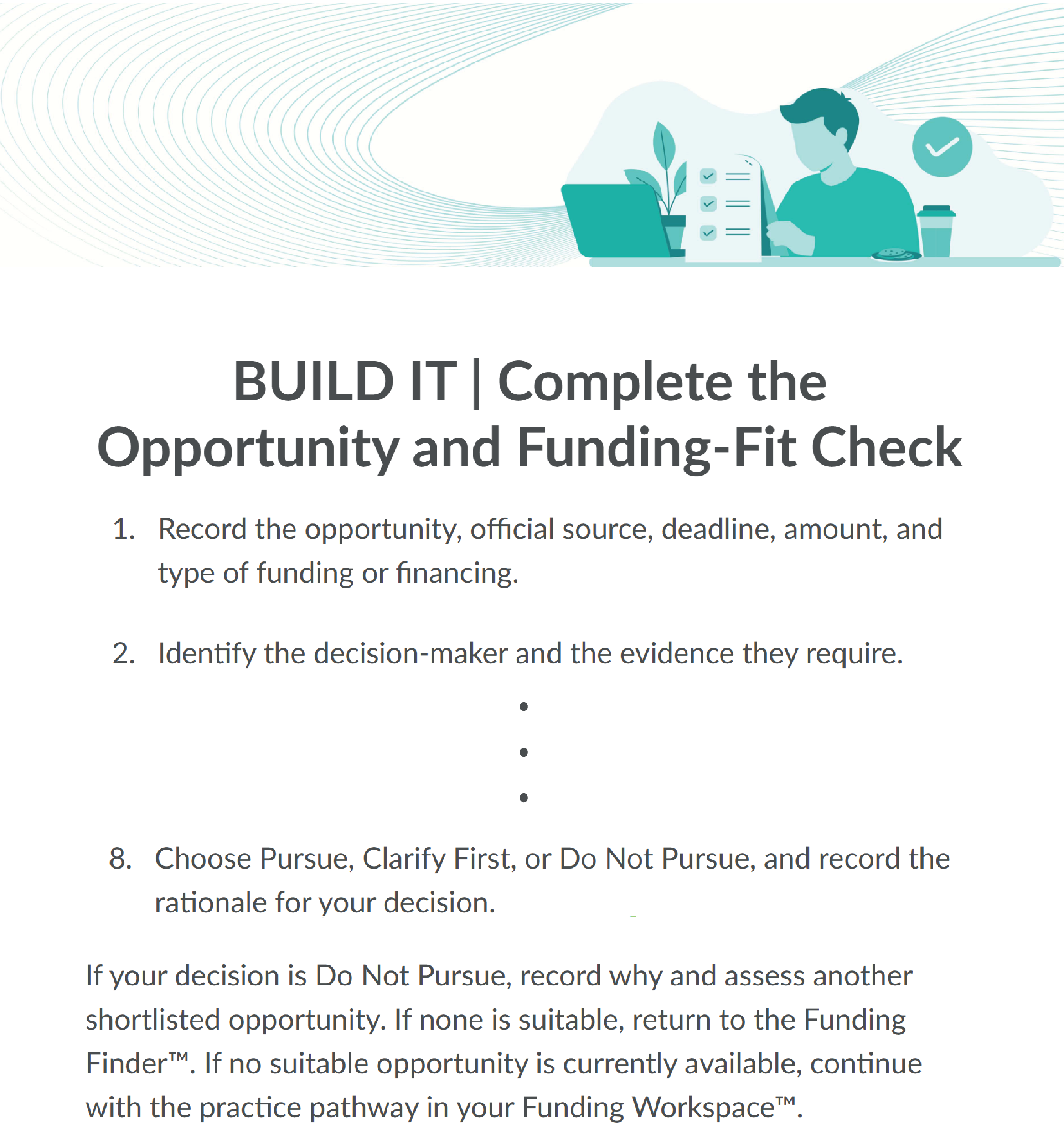 Course page titled "BUILT IT | Complete the Opportunity and Funding-Fit Check". A numbered list of text leads to an item that reads "Choose Pursue, Clarify First, or Do Not Pursue, and record the rationale for your decision." 