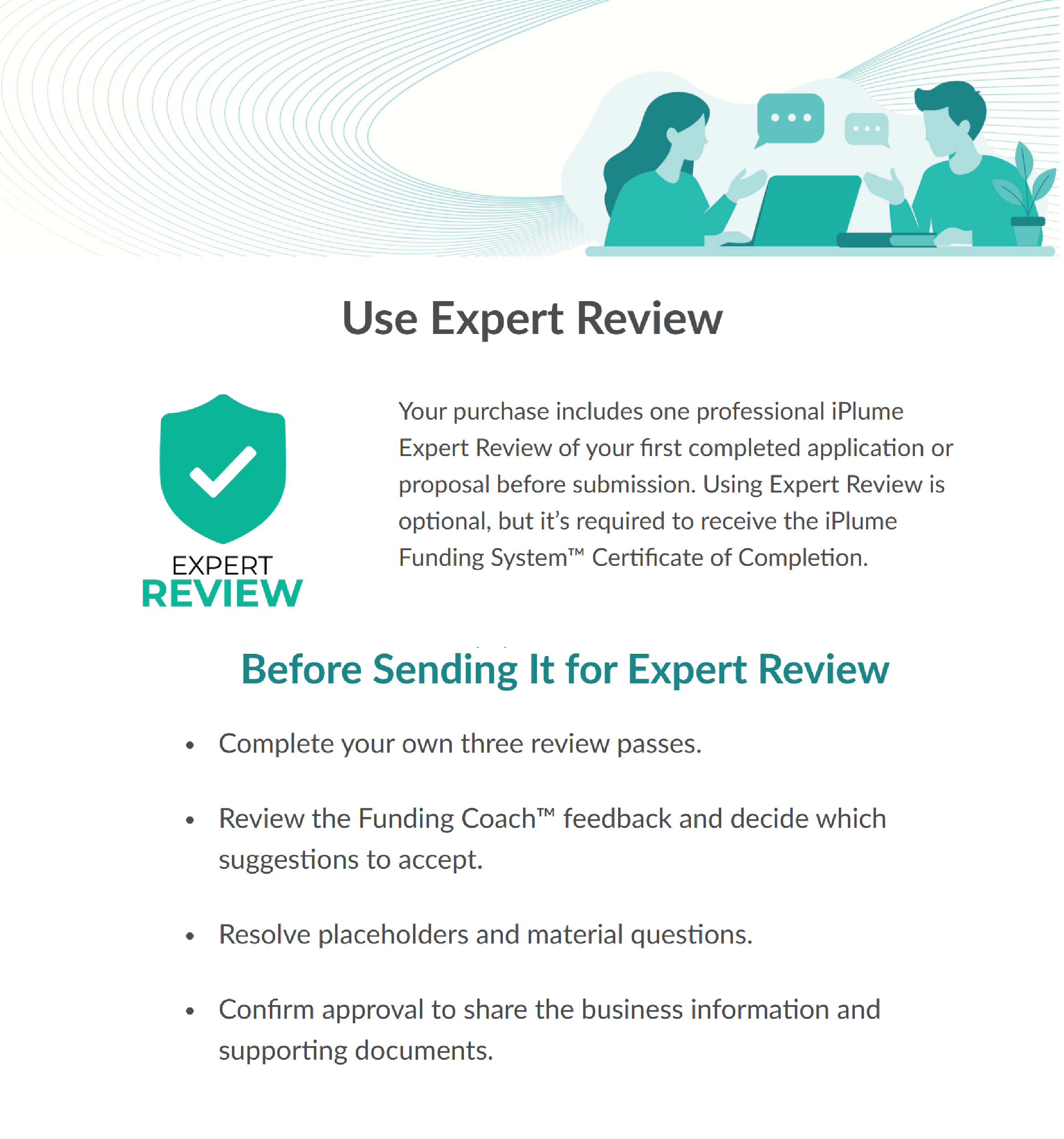 Course page titled "Use Expert Review". Page text includes "Your purchase includes one professional iPlume Expert Review of your first completed application or proposal before submission."